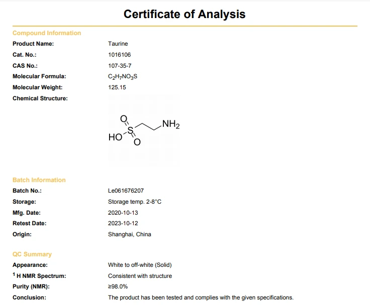 Taurine COA CAS 107-35-7 | Shaanxi BLOOM Tech Co., Ltd Taurine COA CAS 107-35-7 | Shaanxi BLOOM Tech Co., Ltd